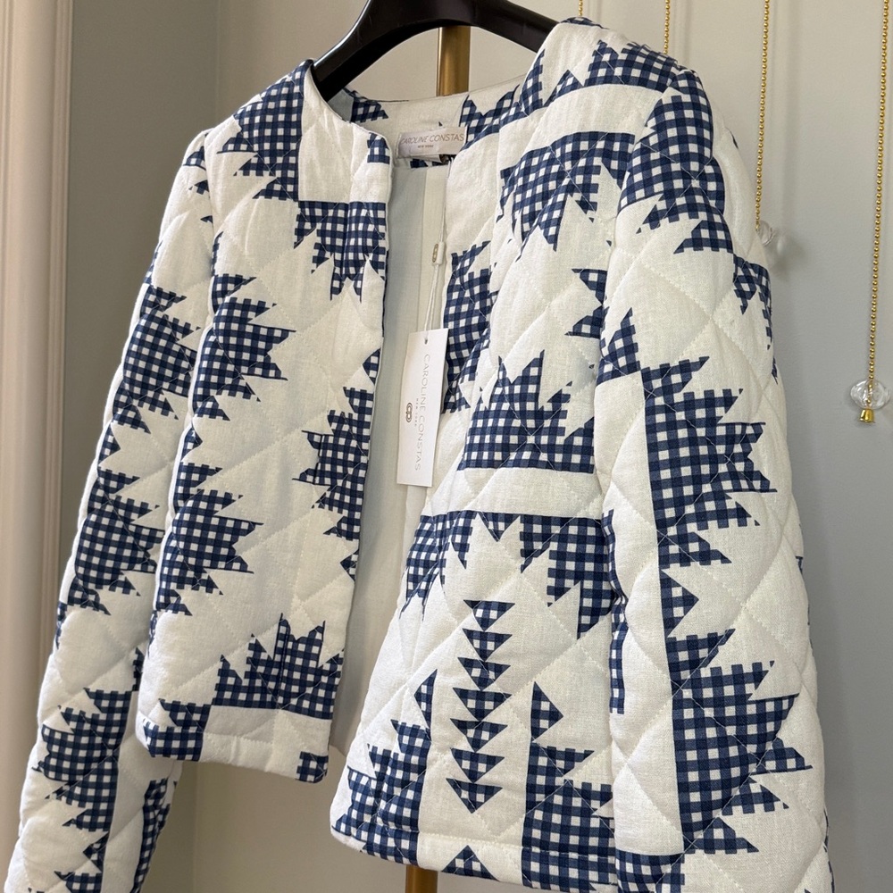 NWT CAROLINE CONSTAS White/Blue Quilted Jacket Linen Blend Puffy Shoulder $395 - Picture 4 of 8